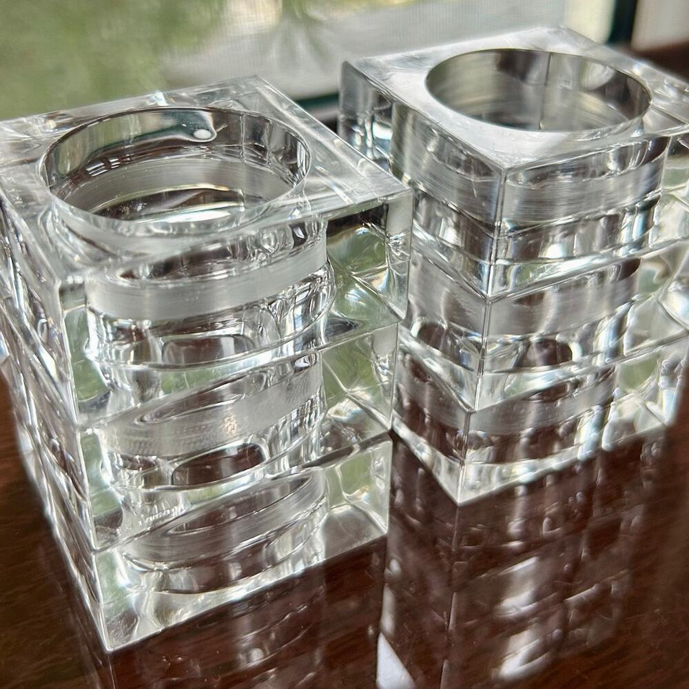 Vintage Lucite Square Napkin Rings – Set of 6 – 2” x 2” Modern Clear Holders